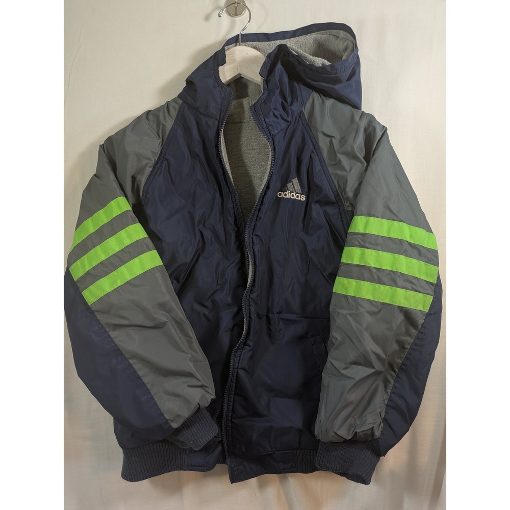 Adidas Reversible Hooded Jacket Navy Grey Neon Green Stripes Vintage youth l-xl